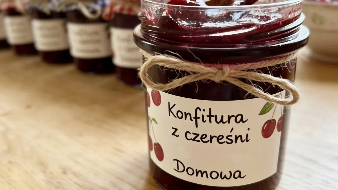 Słoik z domową konfiturą z czereśni, ozdobiony sznurkiem i etykietą z rysunkiem owoców.