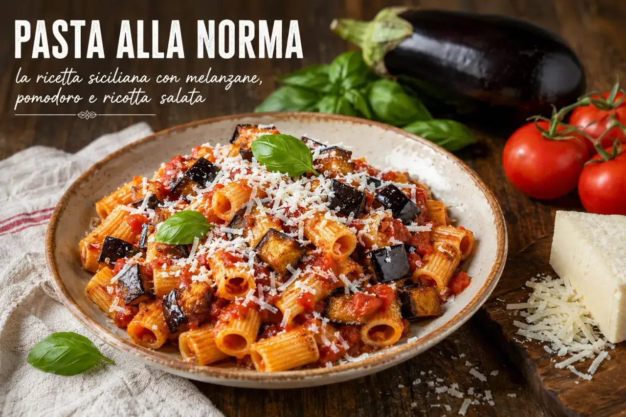 Pyszne danie pasta alla norma z makaronem rigatoni, bakłażanem, pomidorami i ricottą salata, posypane parmezanem.