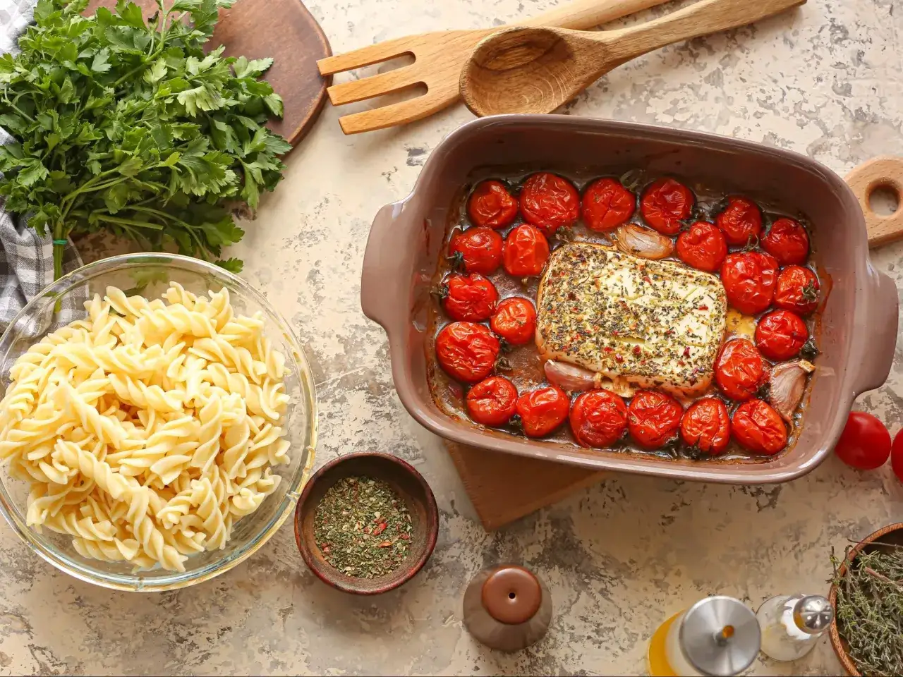 Pyszny obiad z pomidorów: pieczony ser feta z pomidorkami koktajlowymi i czosnkiem, podany z makaronem fusilli.
